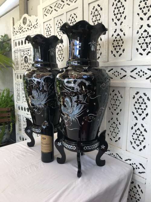Rare Large Pair Vintage Korean Black Lacquer Enamel Mother of Pearl Inlay Peacock Deco Vases & Stand