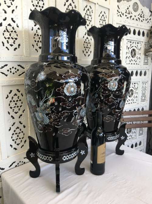 Rare Large Pair Vintage Korean Black Lacquer Enamel Mother of Pearl Inlay Peacock Deco Vases & Stand