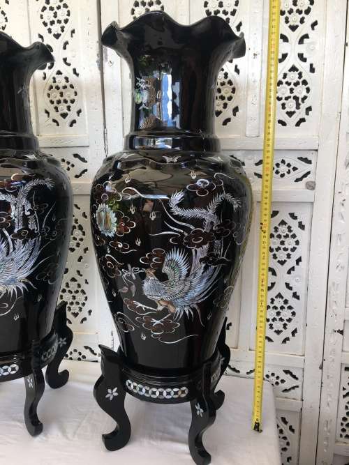 Rare Large Pair Vintage Korean Black Lacquer Enamel Mother of Pearl Inlay Peacock Deco Vases & Stand
