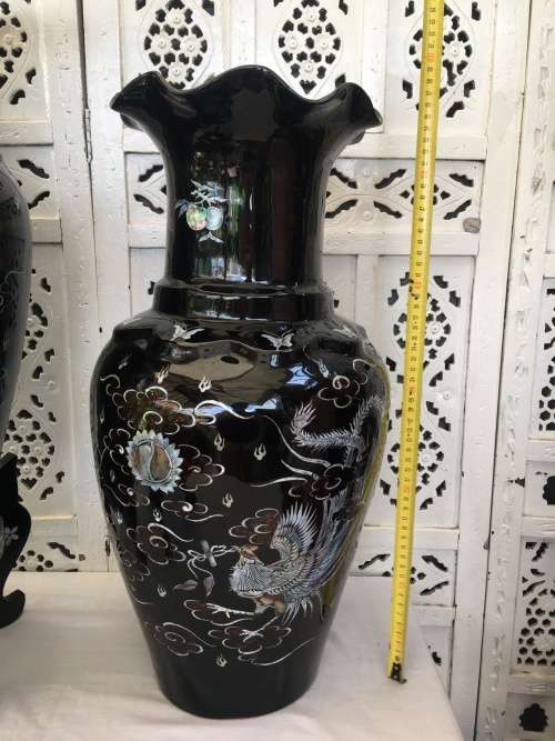 Rare Large Pair Vintage Korean Black Lacquer Enamel Mother of Pearl Inlay Peacock Deco Vases & Stand