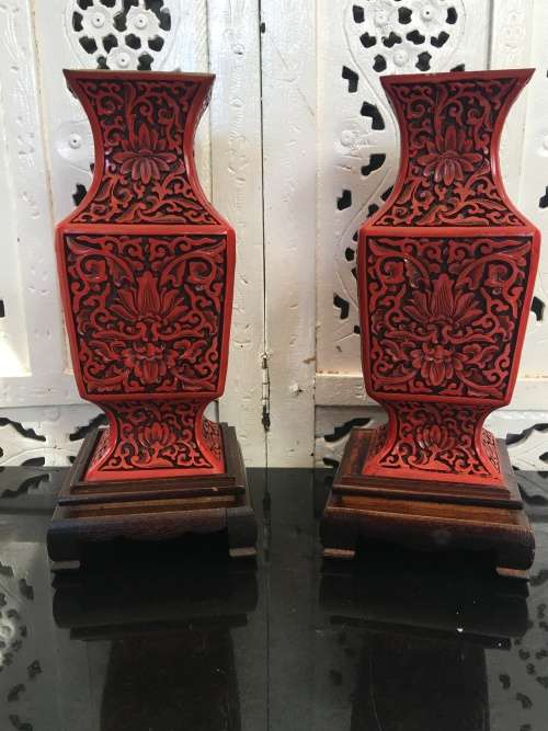 Magnificent Set Antique Chinese Cinnabar Square Vases on Rosewood Stand! Flower Design of Longevity.