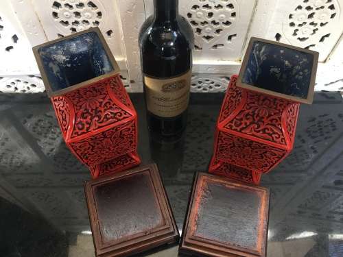 Magnificent Set Antique Chinese Cinnabar Square Vases on Rosewood Stand! Flower Design of Longevity.