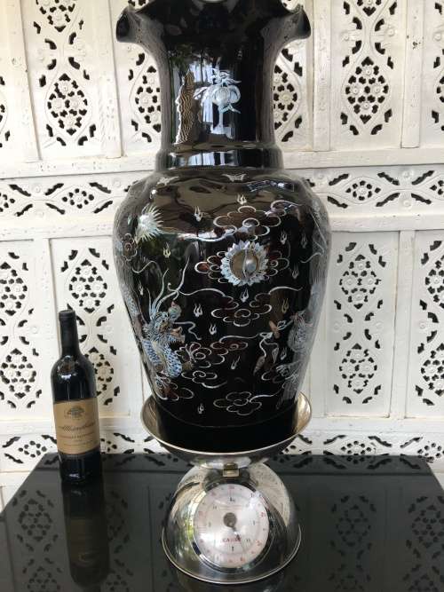 Rare Large Pair Vintage Korean Black Lacquer Enamel Mother of Pearl Inlay Peacock Deco Vases & Stand