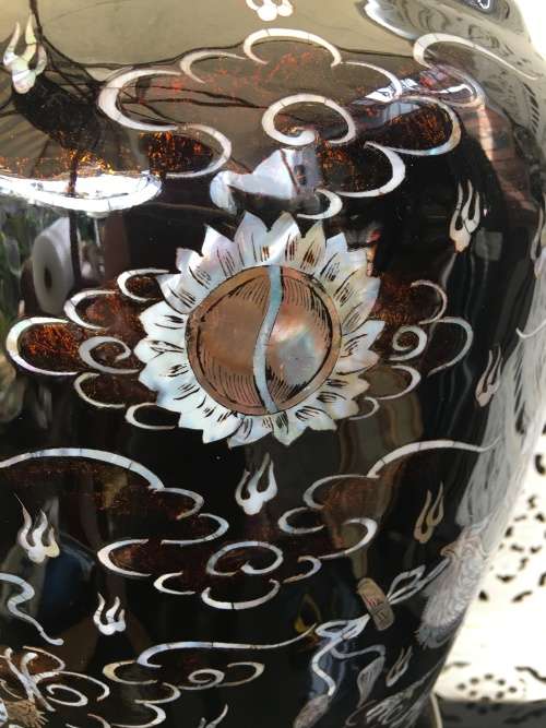 Rare Large Pair Vintage Korean Black Lacquer Enamel Mother of Pearl Inlay Peacock Deco Vases & Stand