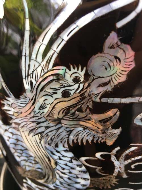 Rare Large Pair Vintage Korean Black Lacquer Enamel Mother of Pearl Inlay Peacock Deco Vases & Stand