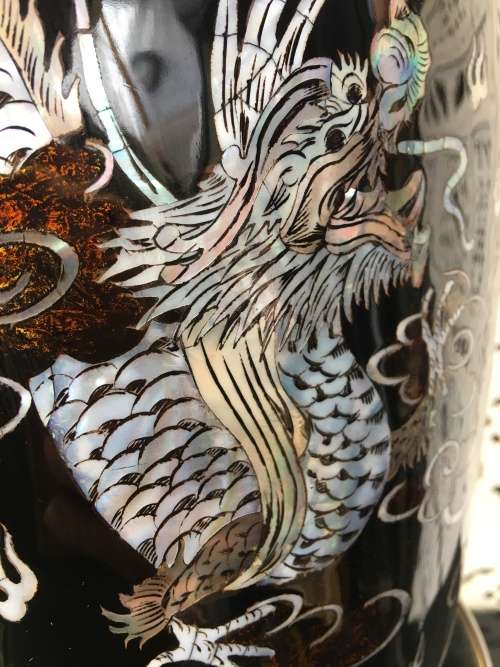 Rare Large Pair Vintage Korean Black Lacquer Enamel Mother of Pearl Inlay Peacock Deco Vases & Stand