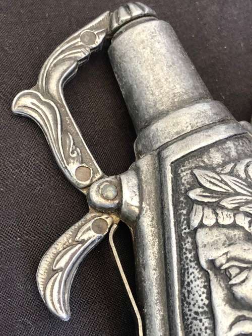 WOW !!! STUNNING VINTAGE PEWTER POWDER FLASK WITH EXCEPTIONAL DETAILS