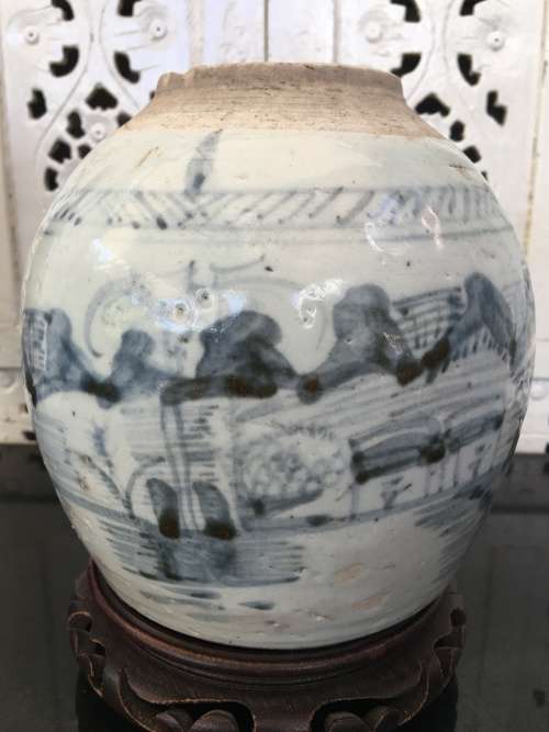Chinese 18th Century Qing Dynasty Blue Ginger Jar With lots of character. Age related wear