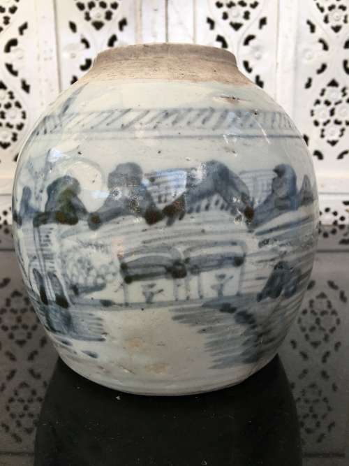 Chinese 18th Century Qing Dynasty Blue Ginger Jar With lots of character. Age related wear