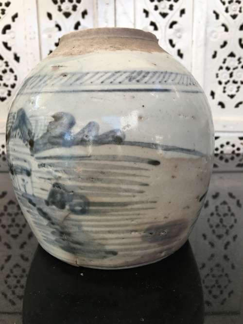 Chinese 18th Century Qing Dynasty Blue Ginger Jar With lots of character. Age related wear