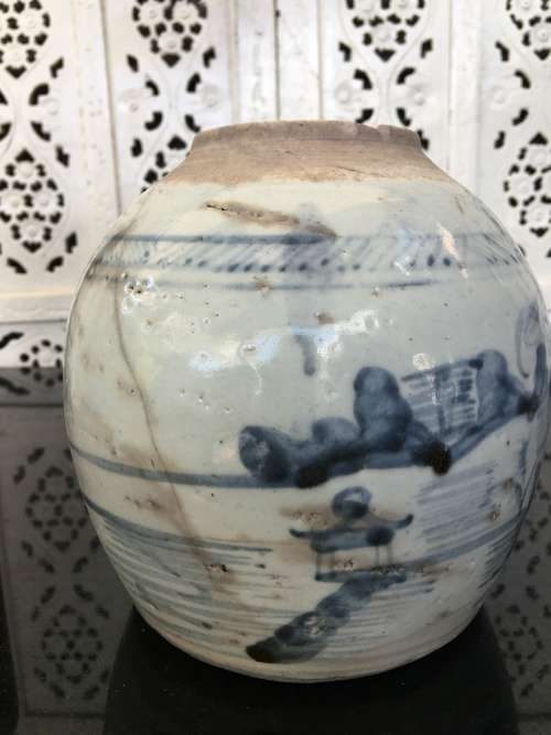 Chinese 18th Century Qing Dynasty Blue Ginger Jar With lots of character. Age related wear