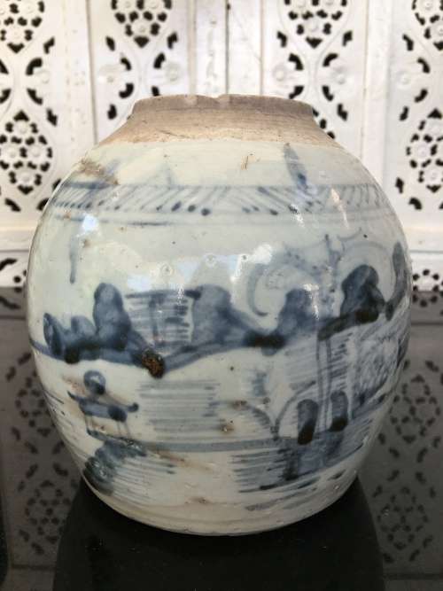 Chinese 18th Century Qing Dynasty Blue Ginger Jar With lots of character. Age related wear