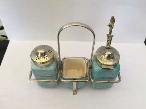 c1944-1968 Dresden Works Lancaster Sandland Hand Painted England  Cruet Set with EPNS Stand & Tops