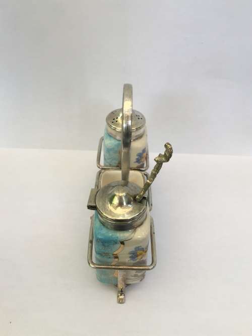 c1944-1968 Dresden Works Lancaster Sandland Hand Painted England  Cruet Set with EPNS Stand & Tops