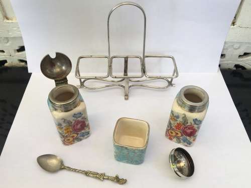 c1944-1968 Dresden Works Lancaster Sandland Hand Painted England  Cruet Set with EPNS Stand & Tops