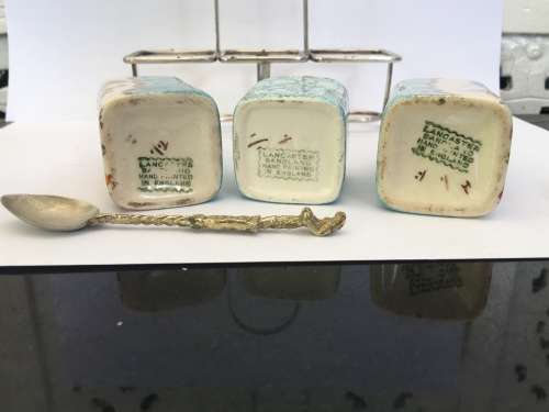 c1944-1968 Dresden Works Lancaster Sandland Hand Painted England  Cruet Set with EPNS Stand & Tops