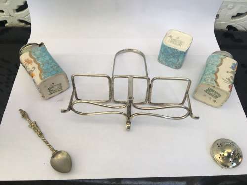 c1944-1968 Dresden Works Lancaster Sandland Hand Painted England  Cruet Set with EPNS Stand & Tops