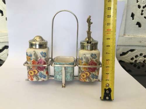 c1944-1968 Dresden Works Lancaster Sandland Hand Painted England  Cruet Set with EPNS Stand & Tops
