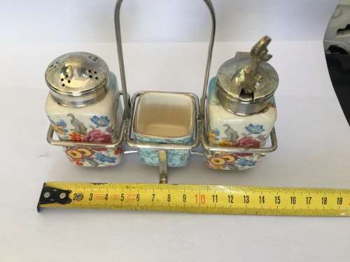 c1944-1968 Dresden Works Lancaster Sandland Hand Painted England  Cruet Set with EPNS Stand & Tops