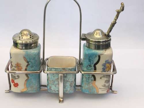 c1944-1968 Dresden Works Lancaster Sandland Hand Painted England  Cruet Set with EPNS Stand & Tops