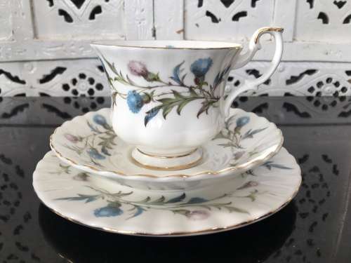 Royal Albert Brigadoon Fine China Trio, Std Size Montrose Shape Cup Pink & Blue Thistle, Gold Gilt.