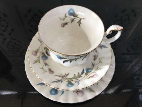 Royal Albert Brigadoon Fine China Trio, Std Size Montrose Shape Cup Pink & Blue Thistle, Gold Gilt.