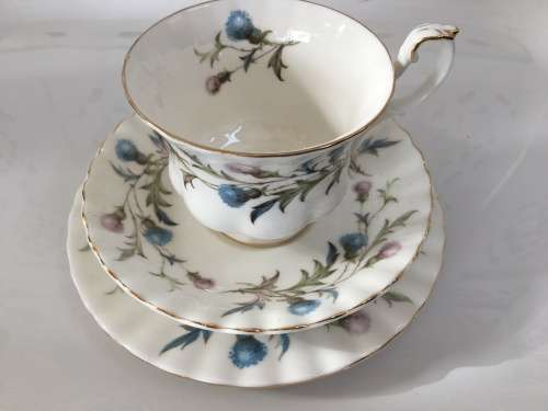 Royal Albert Brigadoon Fine China Trio, Std Size Montrose Shape Cup Pink & Blue Thistle, Gold Gilt.