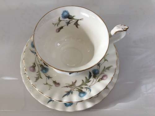 Royal Albert Brigadoon Fine China Trio, Std Size Montrose Shape Cup Pink & Blue Thistle, Gold Gilt.