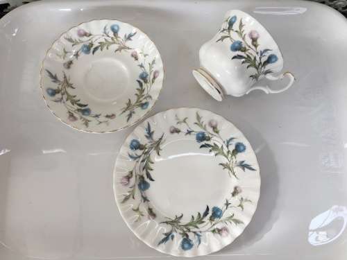 Royal Albert Brigadoon Fine China Trio, Std Size Montrose Shape Cup Pink & Blue Thistle, Gold Gilt.