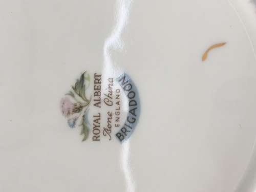 Royal Albert Brigadoon Fine China Trio, Std Size Montrose Shape Cup Pink & Blue Thistle, Gold Gilt.