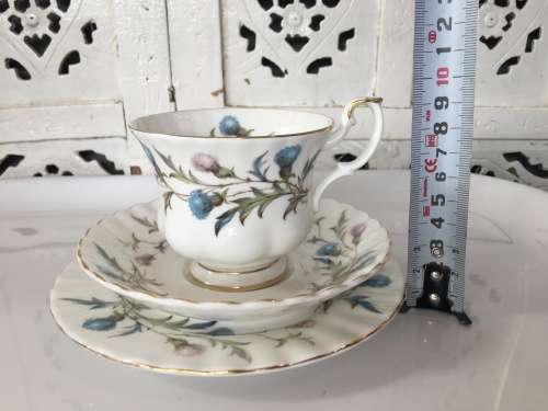 Royal Albert Brigadoon Fine China Trio, Std Size Montrose Shape Cup Pink & Blue Thistle, Gold Gilt.
