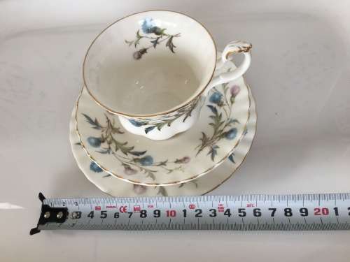 Royal Albert Brigadoon Fine China Trio, Std Size Montrose Shape Cup Pink & Blue Thistle, Gold Gilt.