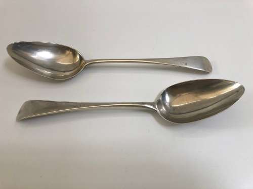 ANTIQUE STERLING SILVER TABLE SPOONS - HALLMARKED LONDON 1801 & 1802 - BATEMAN FAMILY - 113.71g