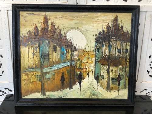 WOW !!! STUNNING OIL ON BOARD - EUROPEAN STREET SCENE - FRAMED AND SIGNED R.TAMIN ?