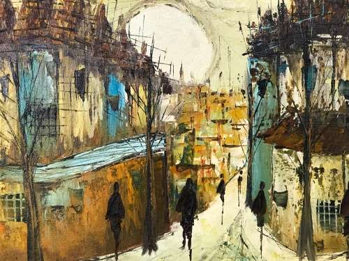 WOW !!! STUNNING OIL ON BOARD - EUROPEAN STREET SCENE - FRAMED AND SIGNED R.TAMIN ?