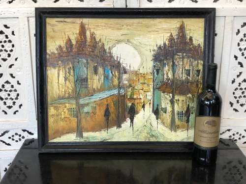 WOW !!! STUNNING OIL ON BOARD - EUROPEAN STREET SCENE - FRAMED AND SIGNED R.TAMIN ?