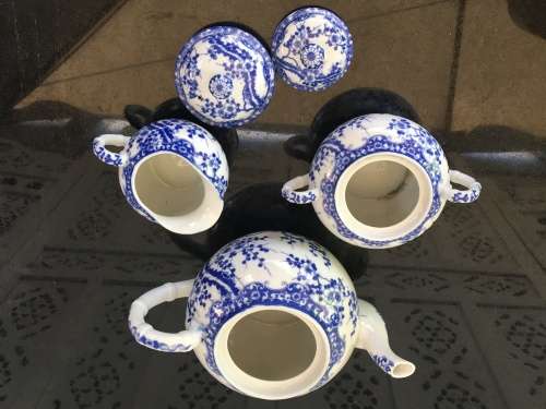 Beautiful c1958 Kutani Japan Marked Blue Prunus  Porcelain Tea Pot Sugar & Creamer .Marks on Base