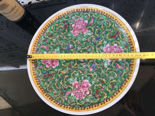 Beautiful Large Old Chinese Qianglong Marked Charger 35 cm Green Ground Hand Painted Enamel Peonies