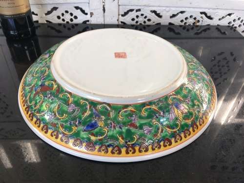 Beautiful Large Old Chinese Qianglong Marked Charger 35 cm Green Ground Hand Painted Enamel Peonies