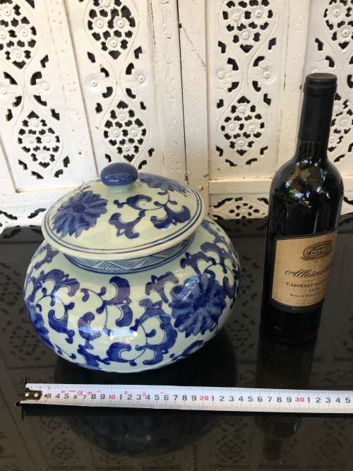 Majestic Large Blue Chinese Lidded Dish Hand Painted Underglaze Blue Ming Style. Good Quality Art.