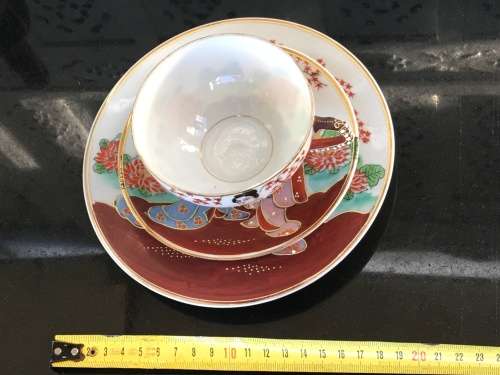 Lovely Japanese Kutani Moriage Geisha Lithophane Tea Trio, Theme, Tea Down by The River. Pre 1945s