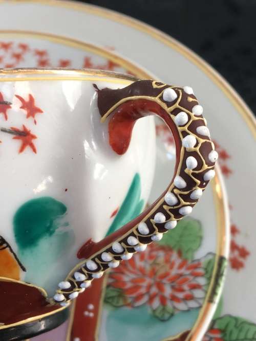 Lovely Japanese Kutani Moriage Geisha Lithophane Tea Trio, Theme, Tea Down by The River. Pre 1945s