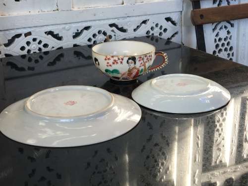 Lovely Japanese Kutani Moriage Geisha Lithophane Tea Trio, Theme, Tea Down by The River. Pre 1945s