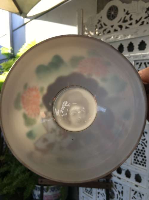 Lovely Japanese Kutani Moriage Geisha Lithophane Tea Trio, Theme, Tea Down by The River. Pre 1945s