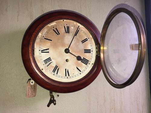 WOW !! STUNNING 1860's MAHOGANY CASED FUSEE MOVEMENT STATION CLOCK - WORKING 100%