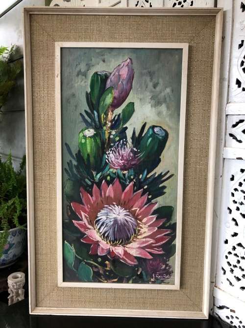 LOVELY OIL ON CANVAS STUCK TO BOARD OF PROTEAS - SIGNED BY J. ROSS ROBERTS