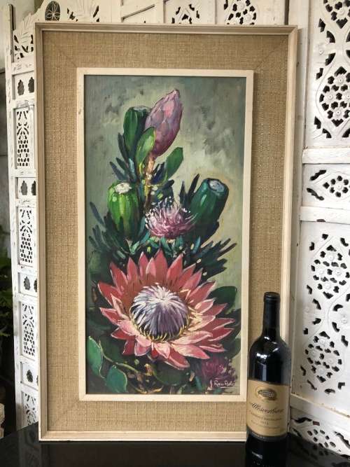 LOVELY OIL ON CANVAS STUCK TO BOARD OF PROTEAS - SIGNED BY J. ROSS ROBERTS
