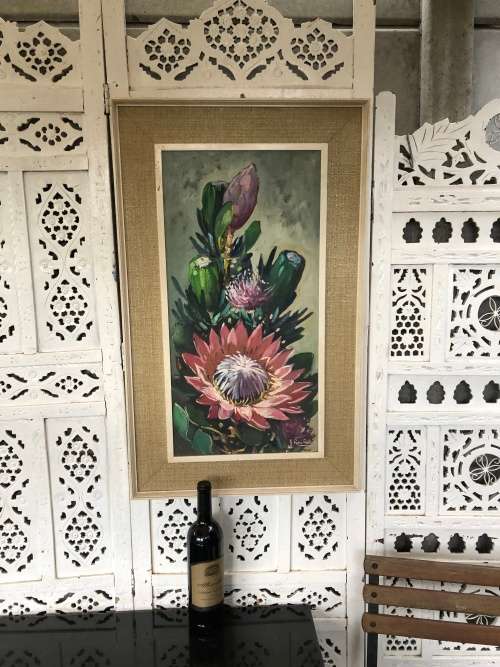 LOVELY OIL ON CANVAS STUCK TO BOARD OF PROTEAS - SIGNED BY J. ROSS ROBERTS