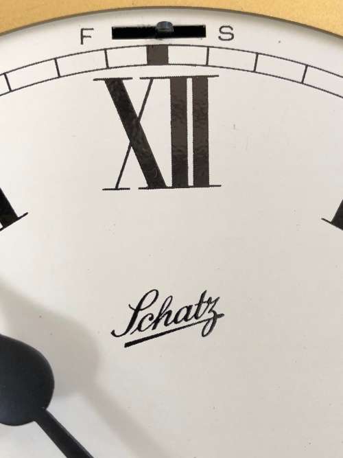 FANTASTIC SCHATZ BRASS SHIPS BULKHEAD CLOCK - CHIMES OUT THE SHIFT CHANGE - FULL WORKING ORDER