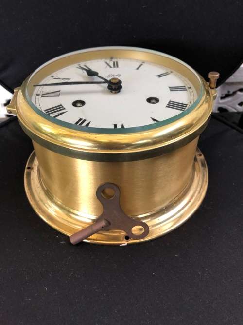 FANTASTIC SCHATZ BRASS SHIPS BULKHEAD CLOCK - CHIMES OUT THE SHIFT CHANGE - FULL WORKING ORDER